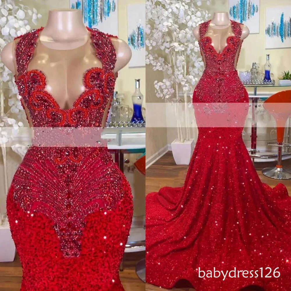 Sparkly Red Sequined Mermaid Prom Dresses 2026 For Black Girls Sheer Crew Neck Rhinestones Formal Party Dress Luxury Beaded Evening Gowns BC18507