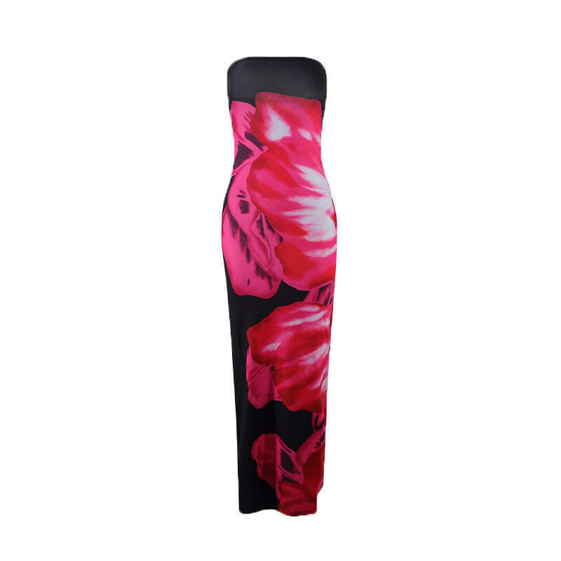 Cross-Border Women's Fashion European and American INS Sexy Style Slim Fit Printed Tube Top Split Bodycon Long Dress Factory Wholesale