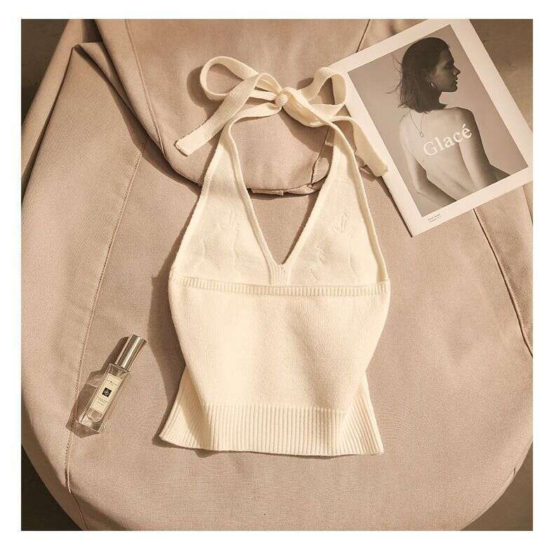 French-Style Knitted Halter Neck Camisole Women, Summer Sexy Printed Slim-Fit Off-Shoulder Short Sleeveless Top For Outerwear