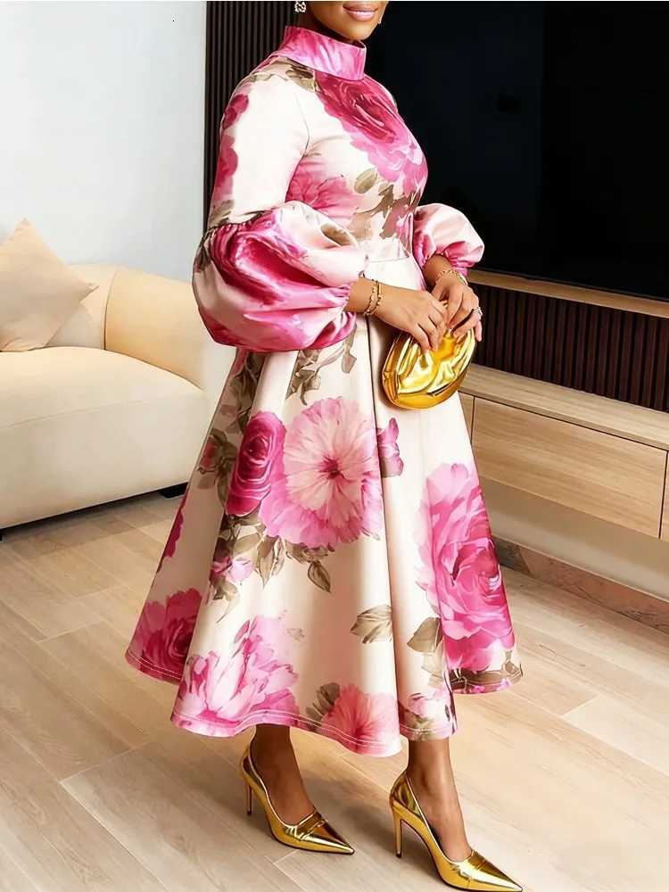 Stylish Womens Flower Printed Stand Collar Elegant Evening Maxi Dresses 2026 New Puff Sleeves Loose Pleated Party A-Line Dress X260306