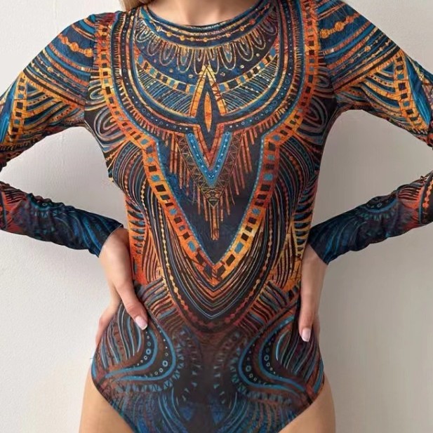 Women's Long Sleeve Sexy Mesh One-Piece Swimsuit New Style for Summer