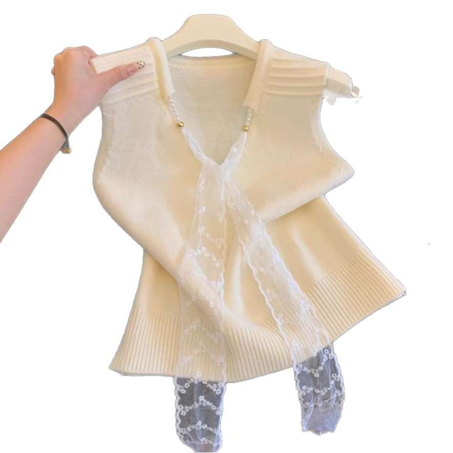 French-style lace ribbon V-neck knitted for women 2026 sleeveless vest Designer fashionable and versatile top A10499