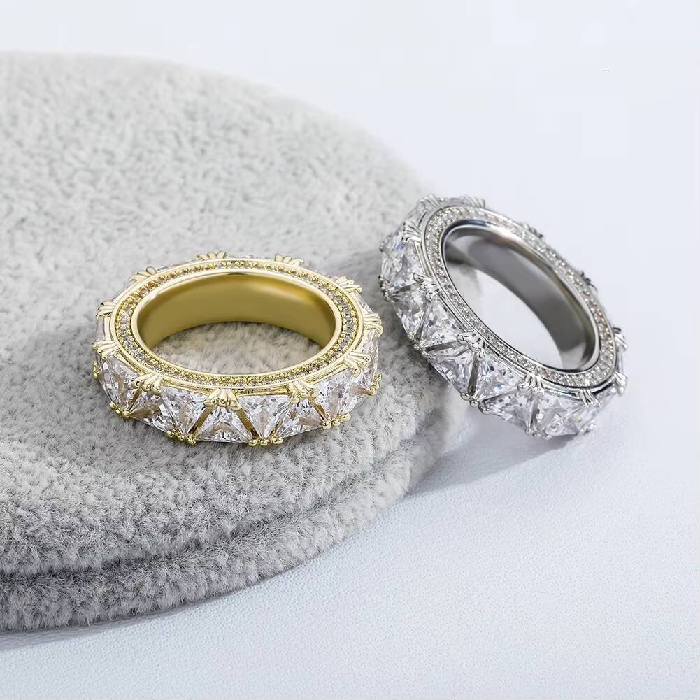 Fashion Jewelry Urban Men Women Hip Hop Brass Gold Rhodium Plated Iced Triangle Zircon Couple Ring Round Cut Wedding Rings