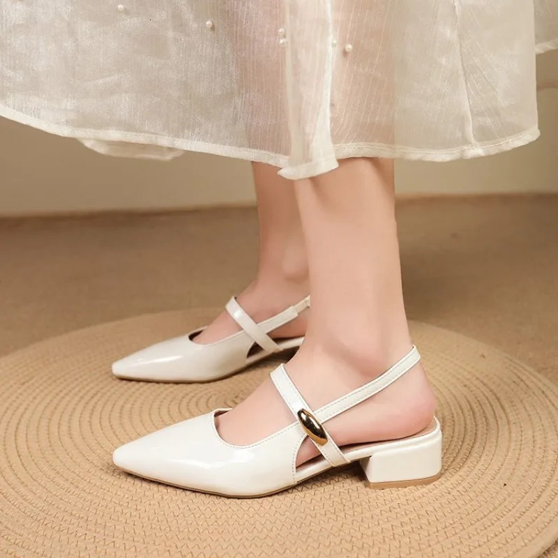 White Leather Pointed Toe Low Heel Heels Woman Shoes Pumps Fashion Buckle Strap Mules Sandals Zapatos Mujer 260303