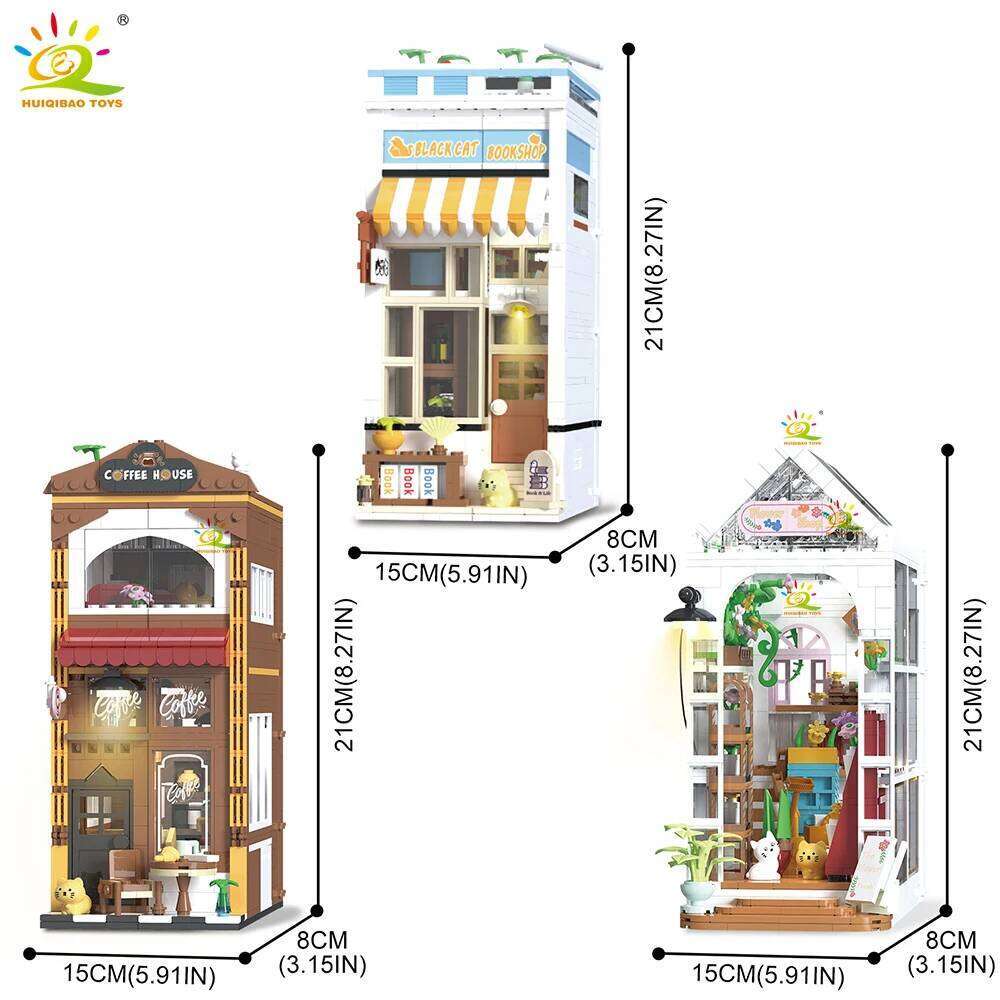HUIQIBAO MOC Cat Cafe Bookends model Micro Building Block Bookstore Flower Shop Mini Brick Toy for Children Desk Decor. Z260306