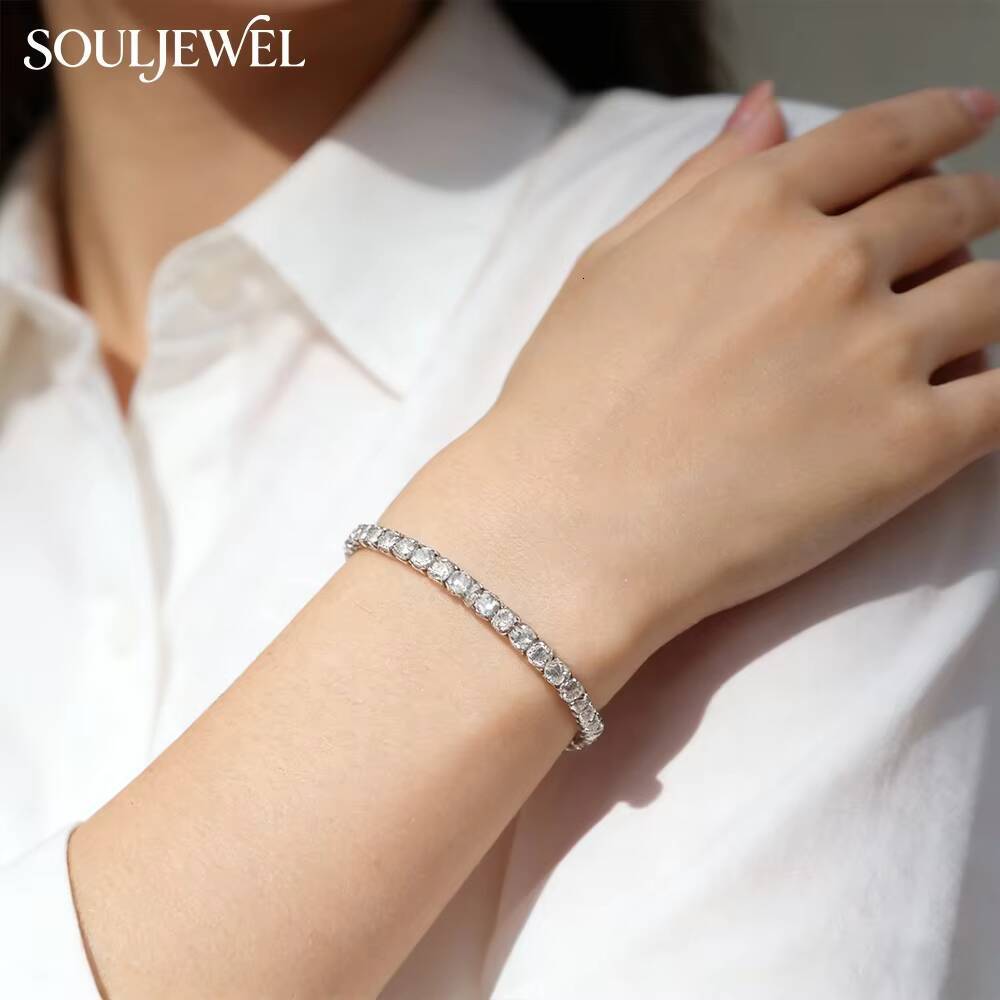 Unisex Moissanite Tennis Bracelet Sterling Silver Rhodium Plated Round Brilliant Cut Luxury Hip Hop Everyday Wear Jewelry