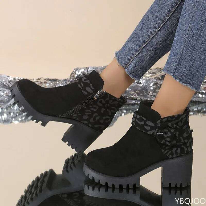 2026 Large Spring and Autumn Fashion New High Heels Thick Bottom Short Leopard Pattern Side Zipper Women's Boots