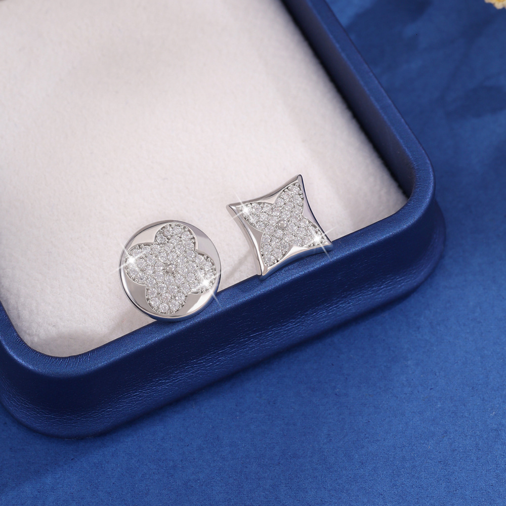 Luxury Brand Designer Jewelry Korean-Style Fashion New Ultra-Shiny Four-Leaf Clover Asymmetric Earrings For Women, Micro-Inlaid With Zircon, High-End 