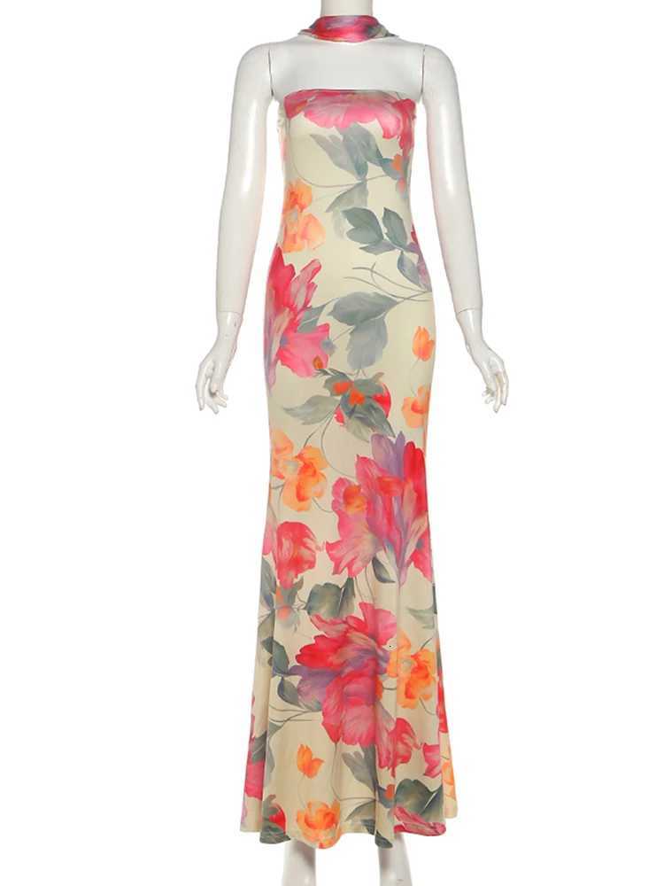 Weird Puss Flower Print 2 Piece Set Women Elastic Strapless DressRibbon Scarf Vacation Party Elegant Fashion Stretch Vestidos X260306