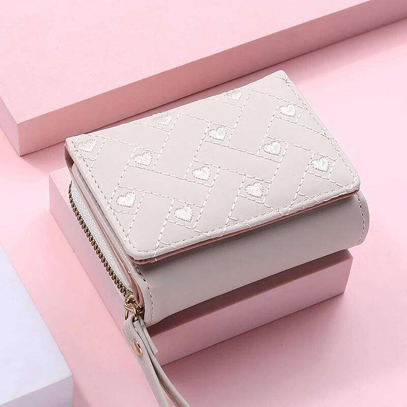 Women's Wallet Tri Fold Card Bag PU Multi Objects Pocket Short Fashion Embroidered Love Pattern Korean Minimalist New 2023 C260304