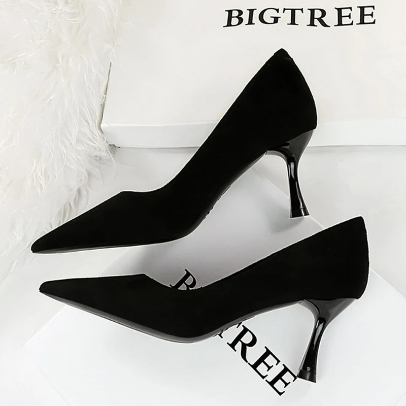 BIGTREE Shoes Suede Black Women Pumps Wine Glasses And High Heels Pointed Toe Women Heels 7 Cm 10cm Ladies Shoes Office Shoes 260306