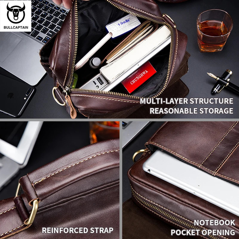 BULLCAPTAIN Mens Leather Shoulder Bag Retro Business Crossbody Bag Large Capacity Fashion Casual Youth Student Handbag 260305