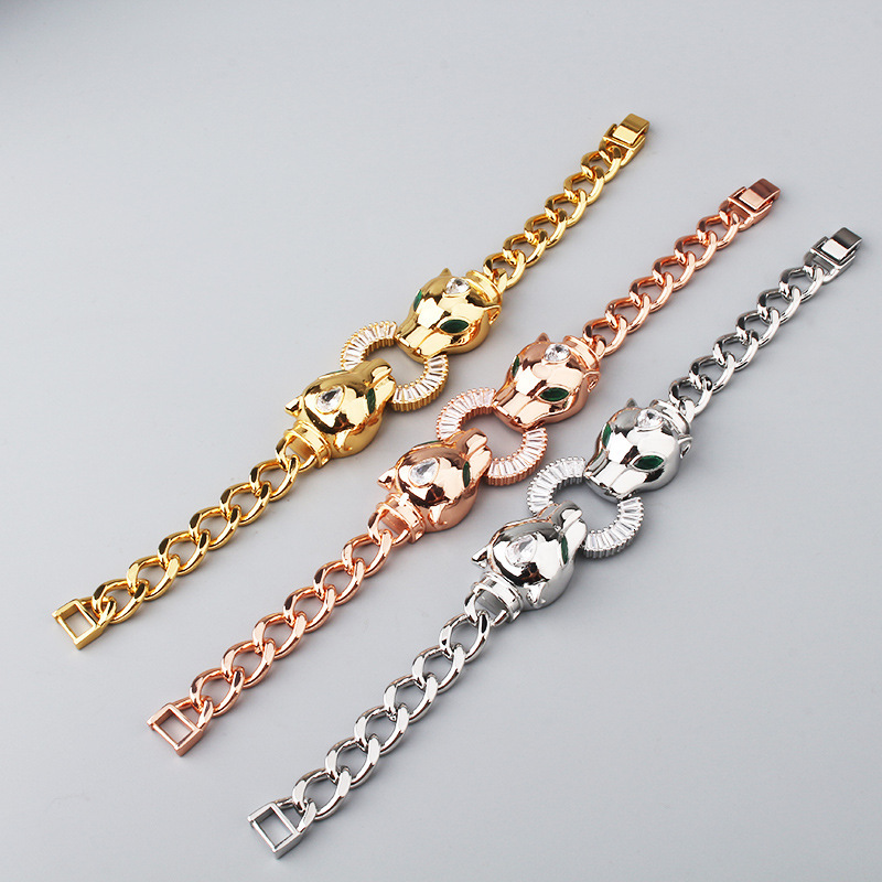 Bracelet Minimalist Hip-Hop Copper Micro-Inlaid Zircon And Bracelet, Electroplated Exaggerated Punk Style Double Leopard Head Pendant Necklace