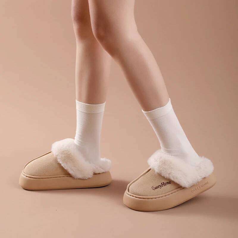 Litfun Winter Plush Lining Women's Thick Bottom Soft Sole Home Anti-slip Warm Slides Cozy Fur Ourtdoor Slippers