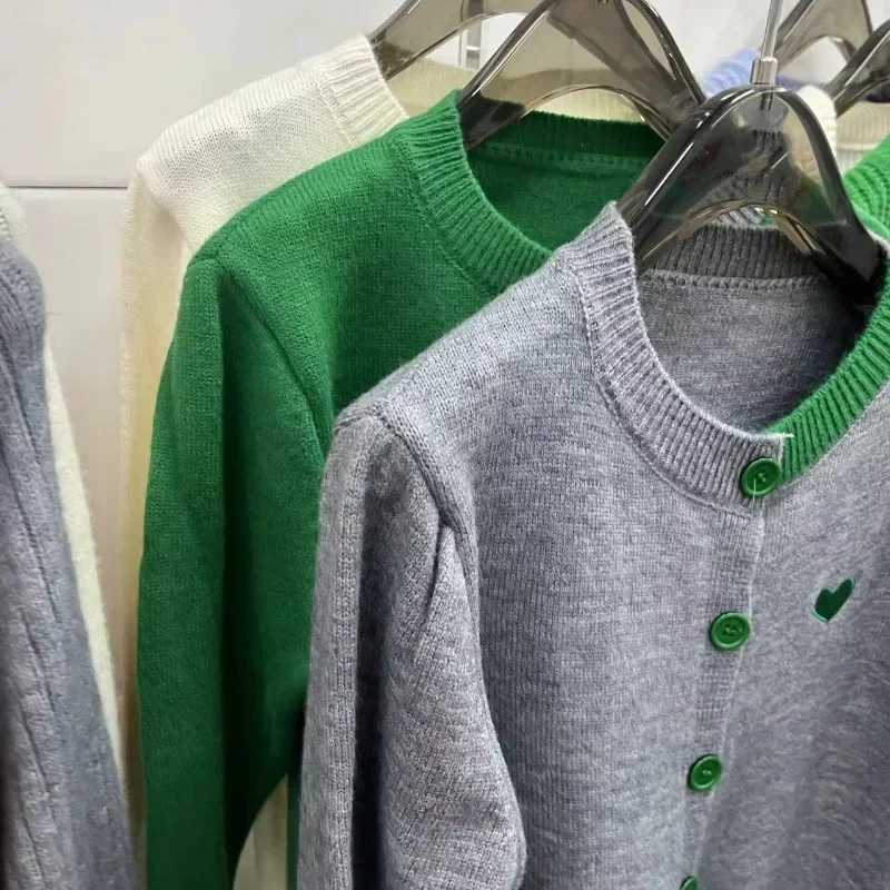 Academic Style Gray Cardigan Crochet Knit w/ Heart Green Buttons Autumn Basic Outerwear Open Front Sweater for Women M260306