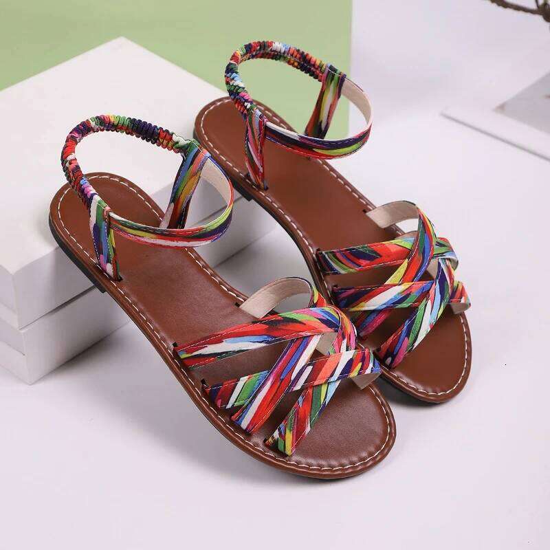 2025 Summer Women's New Fashionable and Comfortable Flat Shoes with Elastic Band Design Anti slip Simple Sandals