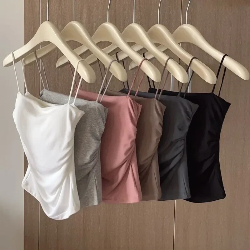 Solid All-Match Pleat Sling Vest Strap Chest Pad Inner Wear Slim Fit Slimming Short Gyaru Outer Wear Top 260306