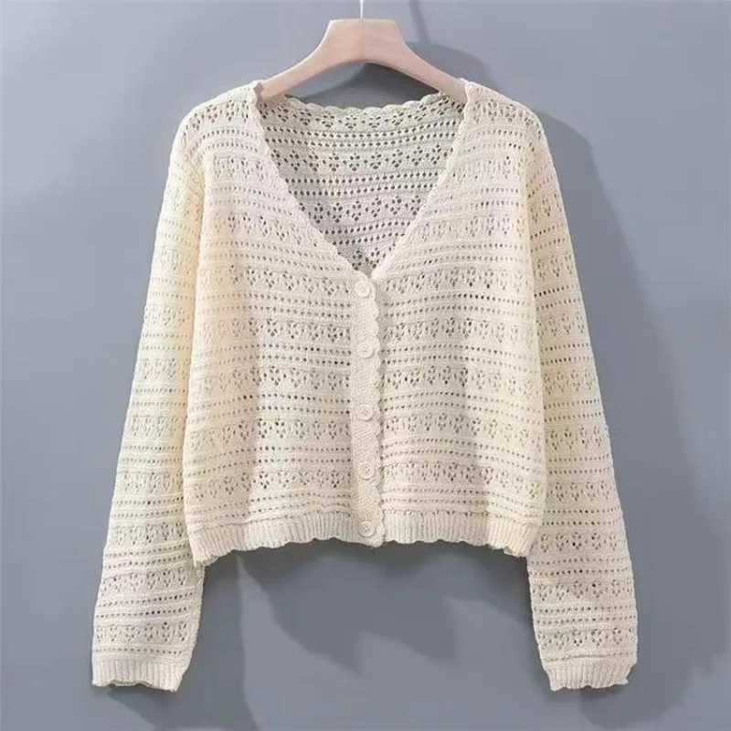 Spring Autumn Korean Style Loose V-neck Hollow Versatile Knitted Air-conditioning Shirt Thin Long-sleeved Ice Silk Cardigan Top M260306