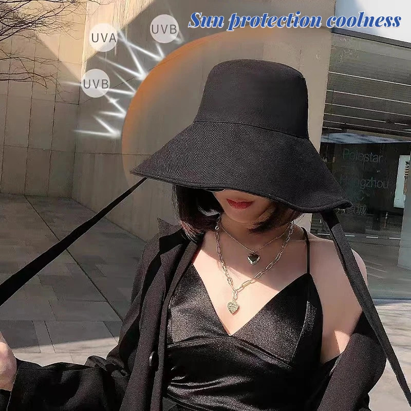 Summer Spring Japanese Tie Bucket Hat Womens Korean-style Big Eave Fisherman Foldable UV Cotton Linen Beach Strap Sun Hat 260228