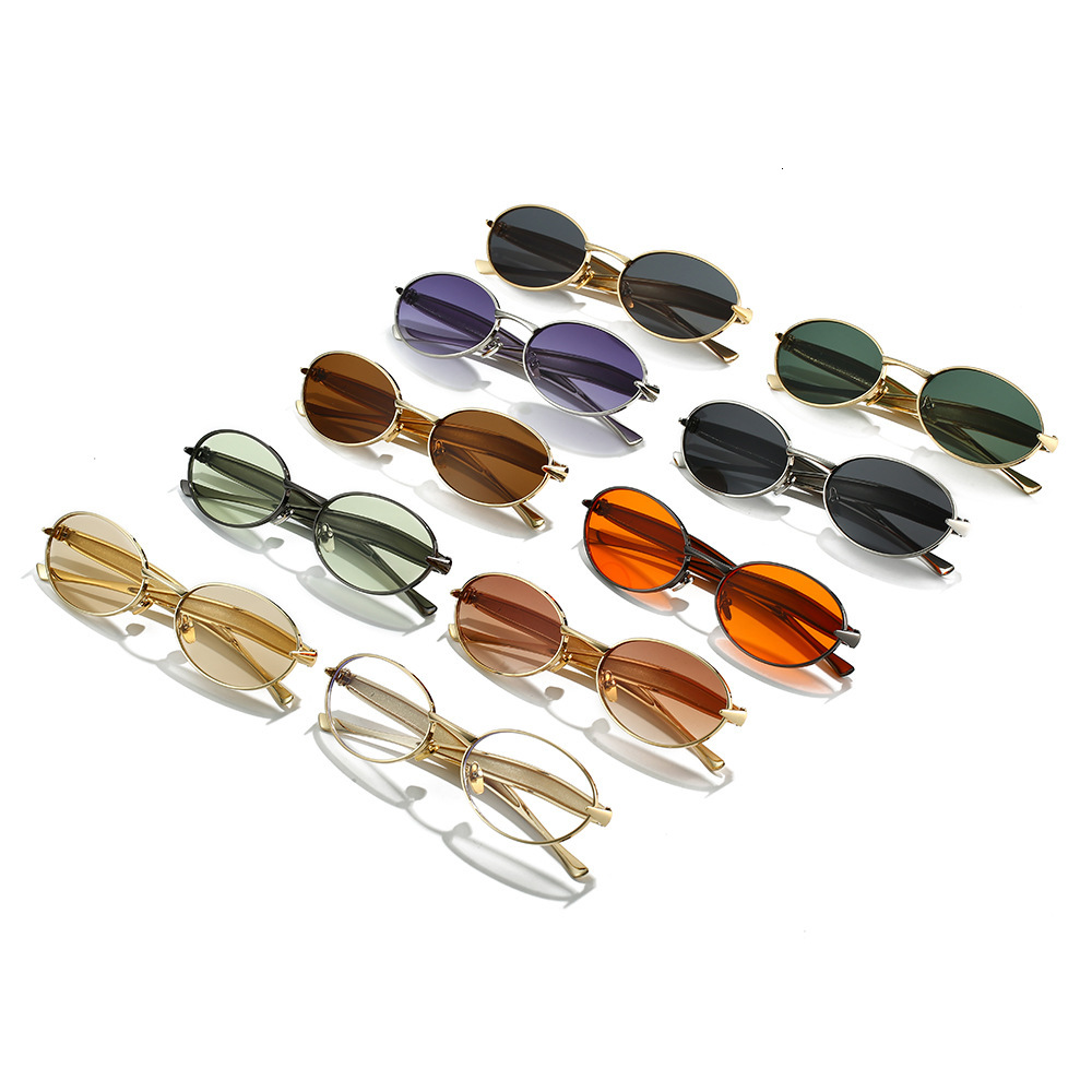 New European American oval small-frame sunglasses for men women, featuring high-end, fashionable, and unique design with a metallic trendy look