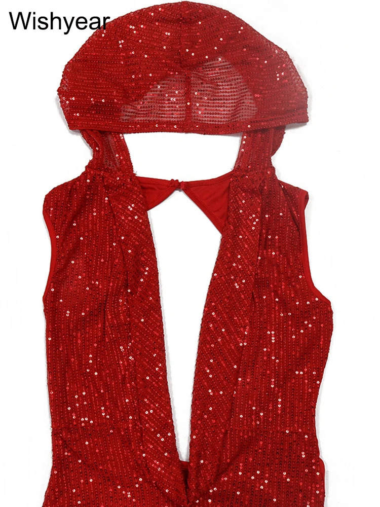 y Birthday Red Hooded Dress for Women Sexy Deep V Neck Sequins Glitter Mesh See Through Back Open Sparkly Evening Robe 260302
