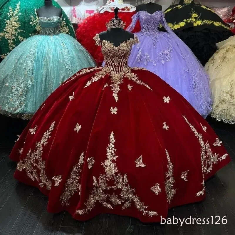 2026 Red Sexy V-neck Princess Quinceanera Dresses Ball Gown Off The Shoulder Gold Appliques Bow Corset Sweet 15 Vestidos De XV Anos