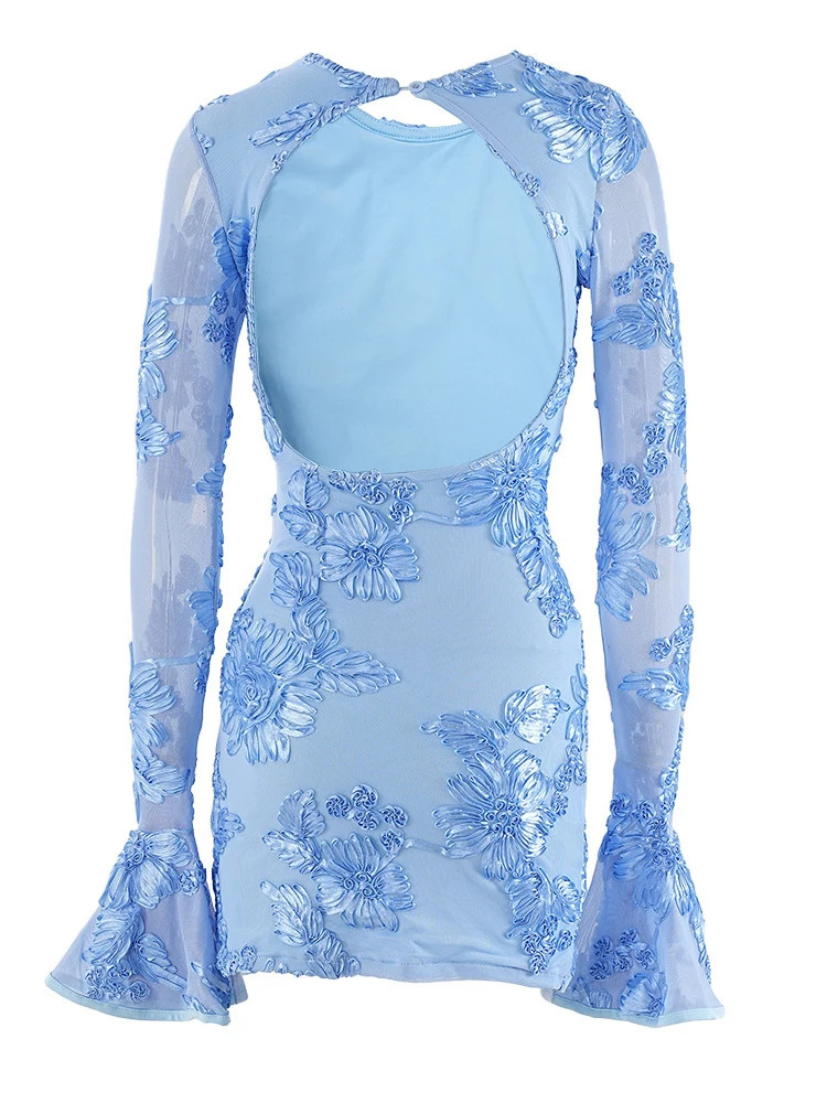 Beyprern Glam Backless Rose Pink Floral Mesh Short Dress Elegant Party Dresses For Women Long Sleeve Embroidered Birthday 260302