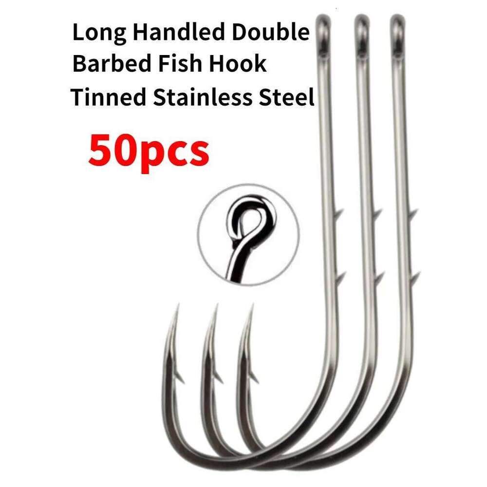 50pcs Long-Handled Sea Hook Double Backstab High-Carbon Steel Barbed Crooked Mouth Lure Hooks for Bulk Fishing S260305