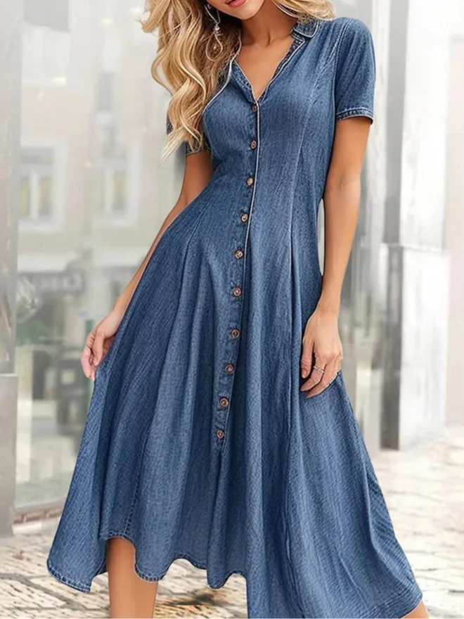 Solid Color Womens Casual Loose Denim Short Sleeved Long Slit Shirt Dress with Shoulder Sleeves and Button Up 260305