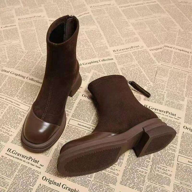 2025 Autumn New Women's Ankle - Retro Panel Round Toe Side Zipper Chunky Heel Fashion Short Boots for Women