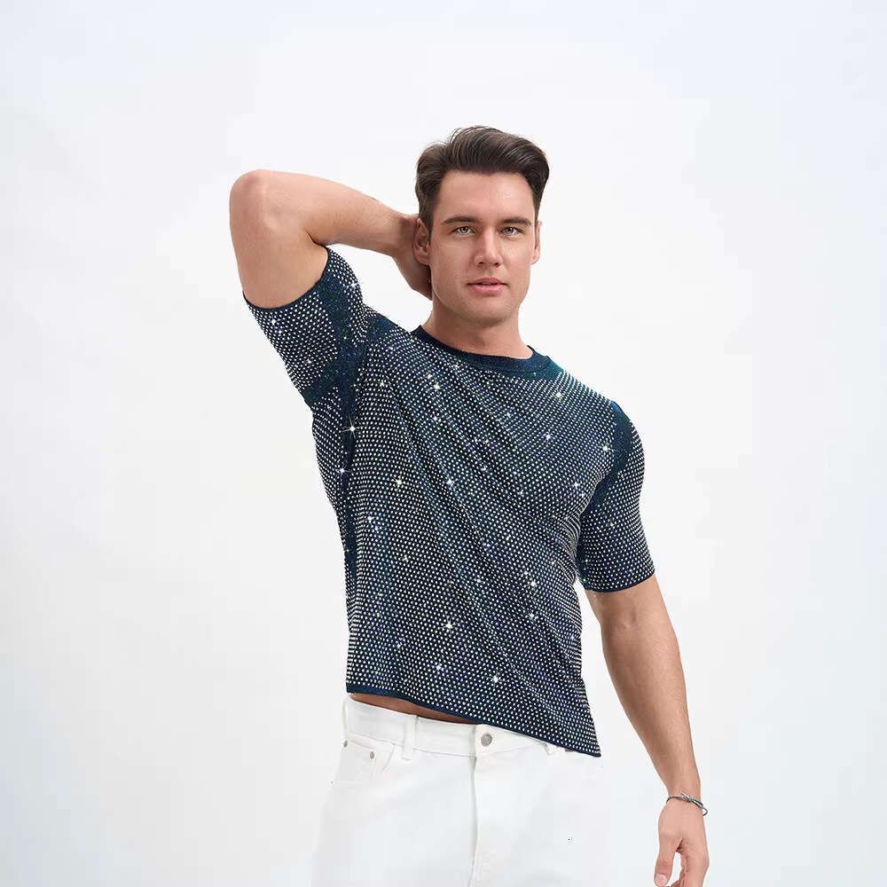 New European and American men's clothing, American-style breathable double-layer short-sleeve T-shirt, rhinestone party nightclub outfit