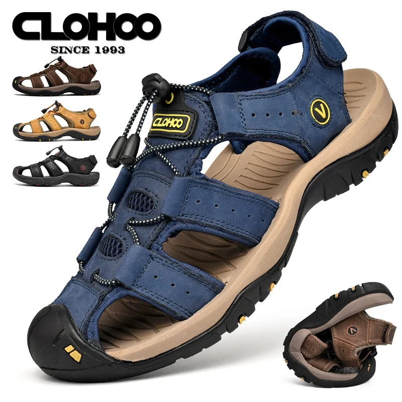 CLOHOO Mens Sandals Handmade Thick Bottom Rubber Breathable Casual Slip-On Beach Shoes Leather Upgraded Version 260227