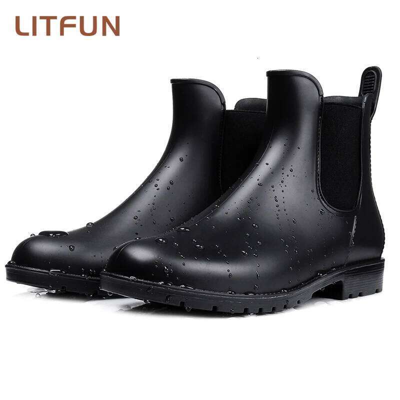 Litfun Women Chelsea Rain Shiny Ankle Waterproof Upper Toe Elastic Band Low Sole Fashion Non-slip Comfortable Boots