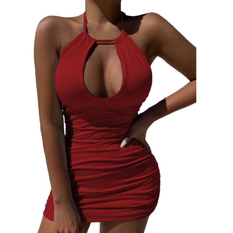 Basic & Casual DressesHollow Out Pleated Halter Mini Dress Casual Slim Fashion New Backless 2026 Women Sexy Bodycon Dress Elegant Summer Party Dresses