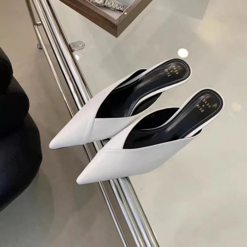 Pointed Slippers Women High Heels Summer Shoes Fashion Square Heel Slides Slip Loafers Mules Black Female Party Shoes 260303