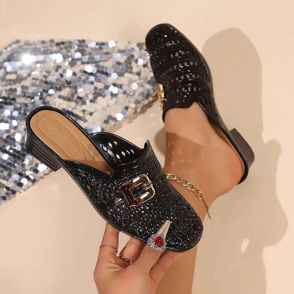 2026 New Women's Fashion Hollow Slippers Summer Mid Heel Soft Beach Buckle Sliding Shoes Outside