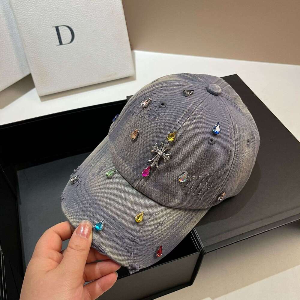 Distressed Multicolor Rhinestone Cross Baseball Cap Women Gothic Hat for Daily Commute & Streetwear