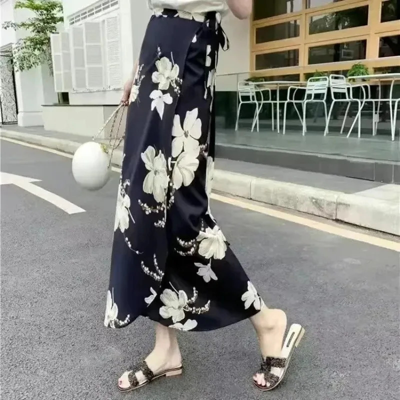 Summer Beach Floral Skirt for Women Cotton High Waist Wrap Maxi Skirt Long with Side Slit Tie Detail Boho Style 260306