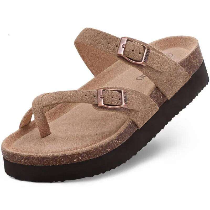 Litfun Open Toe Cork Sandals For Women Classic Brand Thick Sole Beach Shoes With Adjustable Buckle Summer Suede Flat Slippers