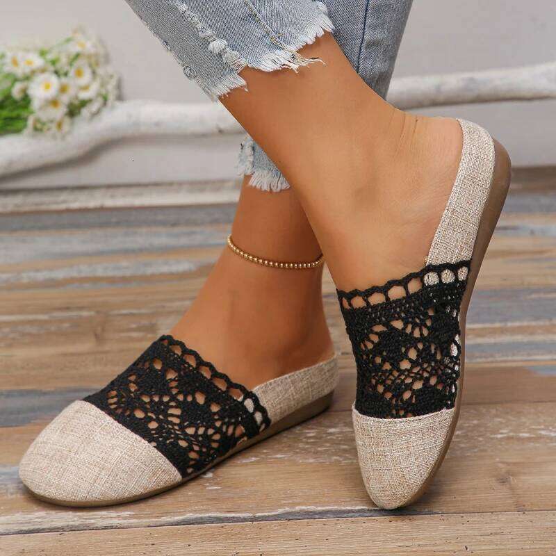 2026 Summer New Women's Anti slip and Wear resistant Baotou with Hollow Edge Design Fashionable Flat Heel Slippers