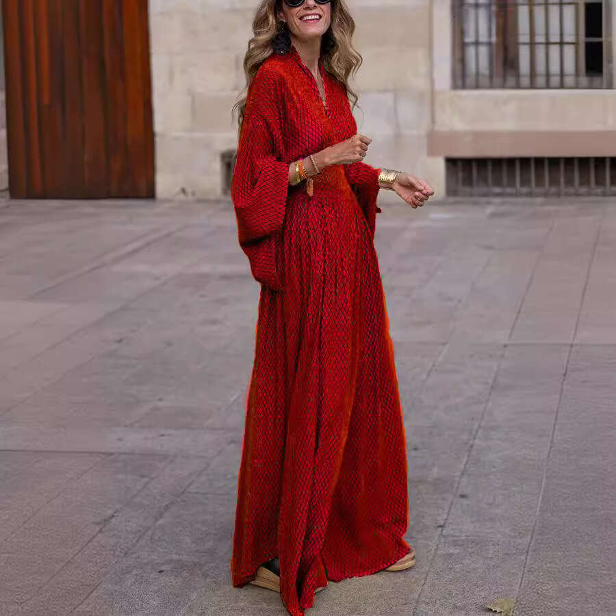 2026 European and American Autumn Style Long Sleeve Loose V-Neck Waist-Cinching Flared Dress for Women