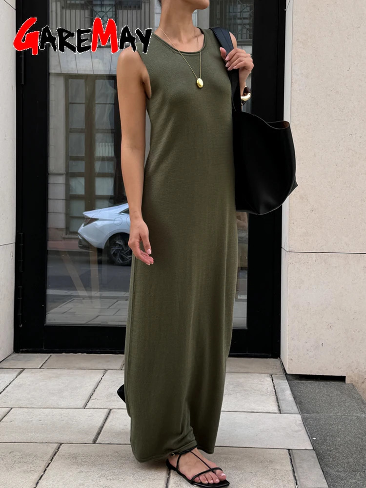 Noodle Womens Summer Knitted Dress Sleeveless Soild Long Elegant Brown Dress O Neck Casual Vintage Midi Ribbed Knit Dress 260306