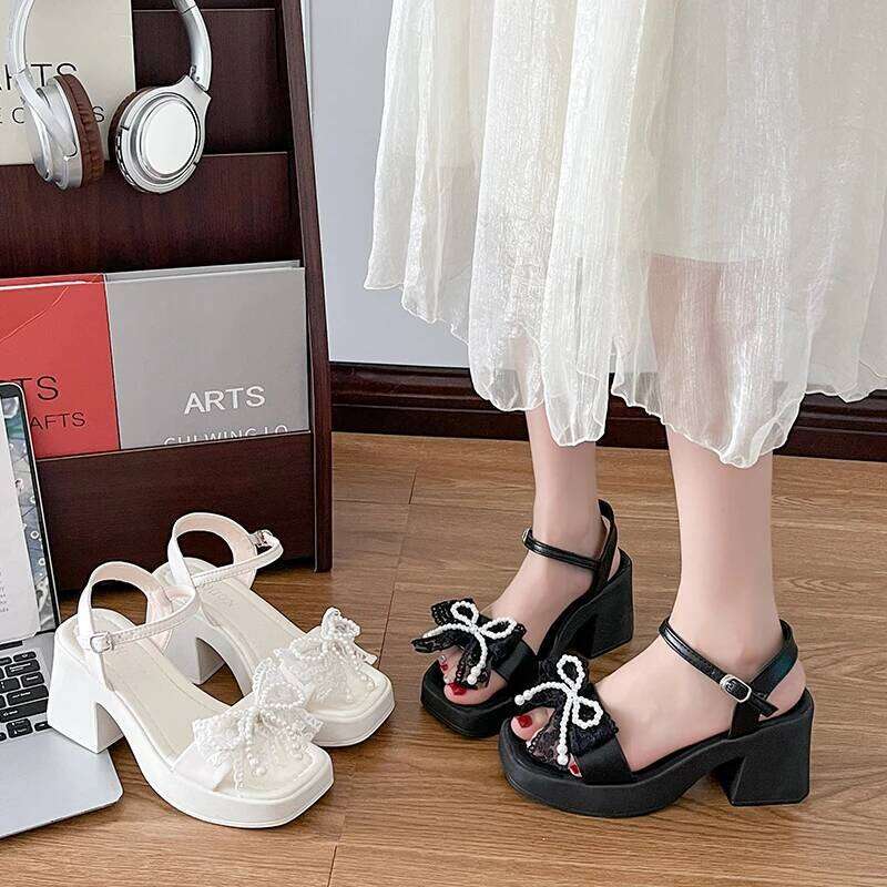 2026 Summer New Women's Bow High Fashion Open toed One line Buckle Strap Thick Heel Sandals