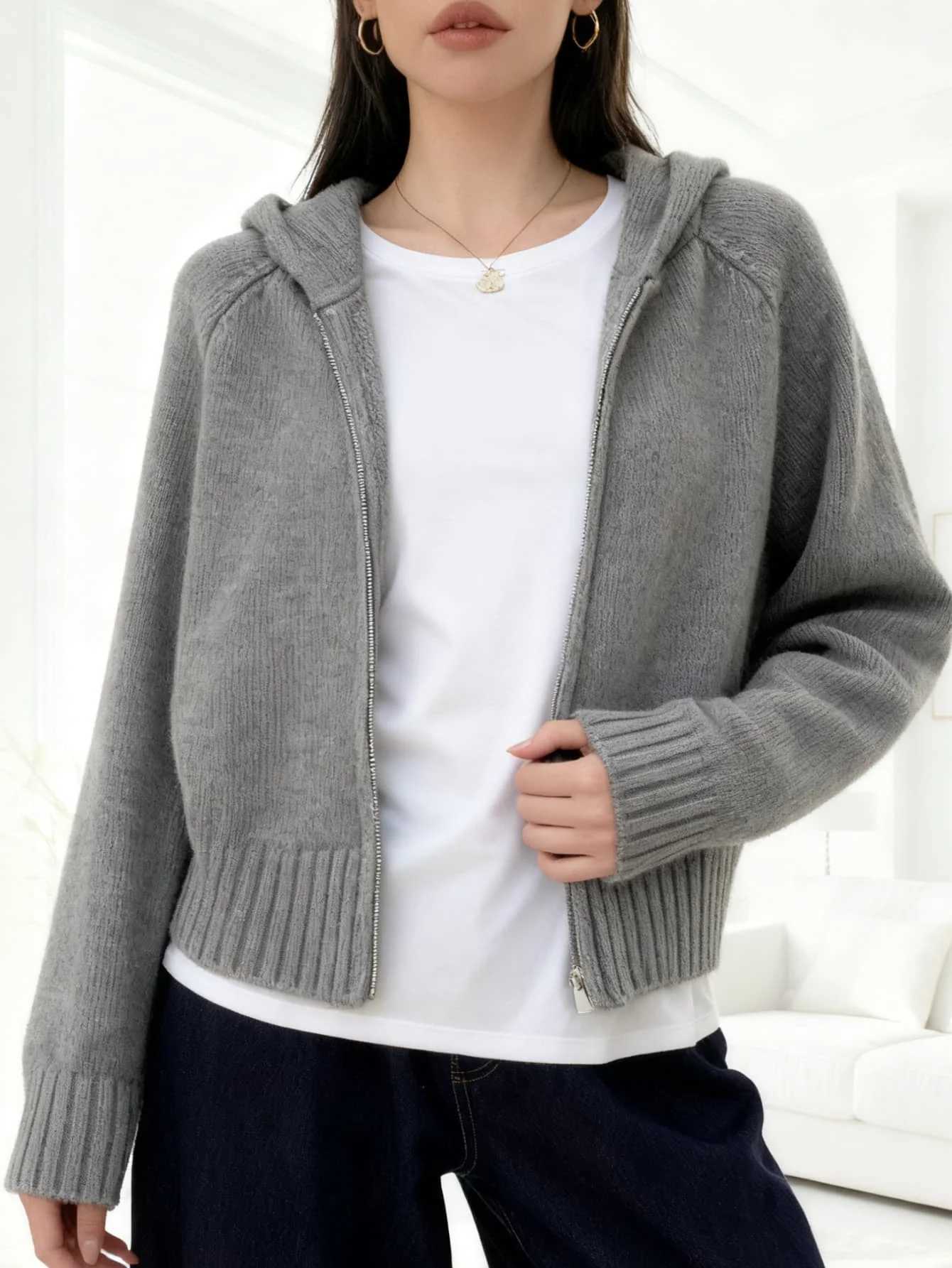 Autumn and Winter Fashion Double Zipper Hooded Knitted Cardigan Multi-Color Sweater with Pockets Womens Long Sleeved Sweater M260306