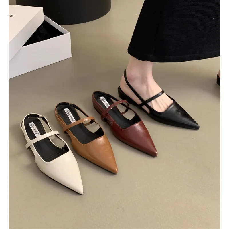 Women Leather Pu Casual Sandals Girl Fashion Mary Jane Shoes Slip on Flats Heels Ladies Pointed Toe Elegant Slingback Sandals 260303