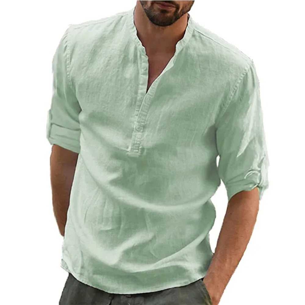Autumn New Mens Cotton Linen Shirt Loose Fit Casual Long Sleeve Tees Stylish Breathable Solid Color Henley Neck Tops M260305