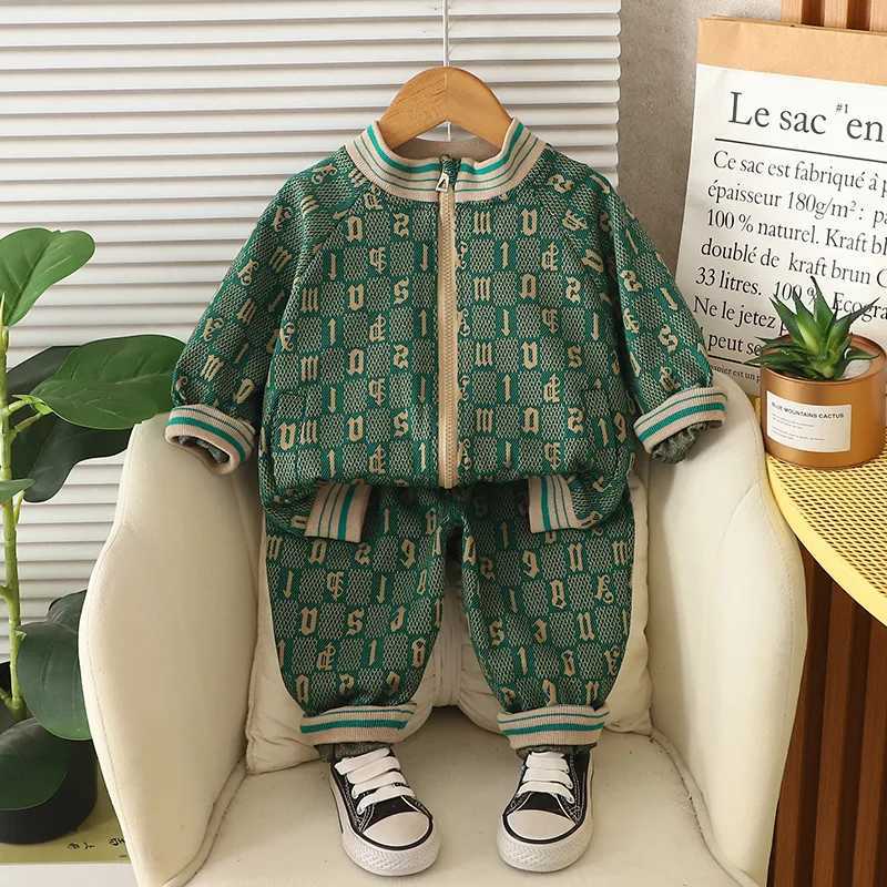Kids Tracksuits 2Pcs, 2025 Spring Autumn Monogram Jacquard Jacket & Pants Set, Boys Casual Sports Outfits 5YT260306