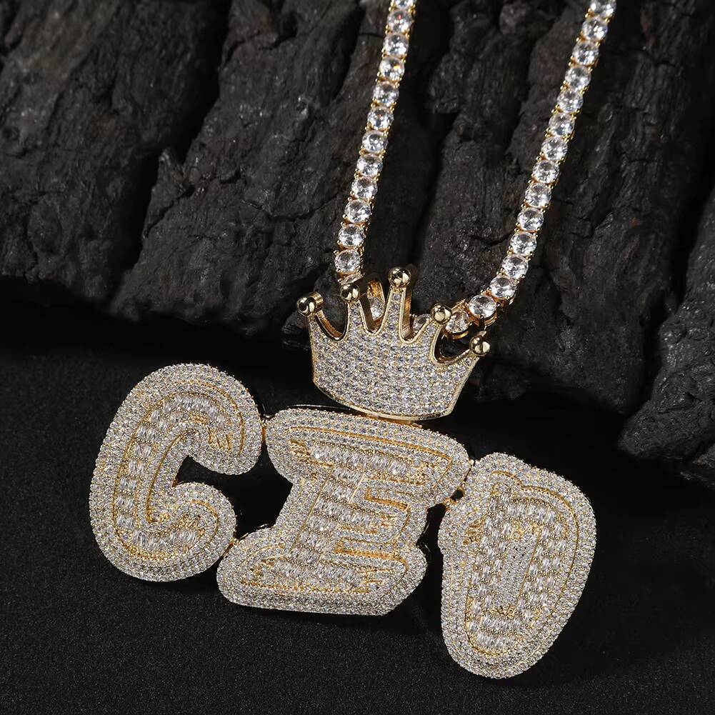New Design Hiphop Big Letter Necklace Iced Out Baguette Cubic vvs moissanite Gold Plated Men Initial Name Letter Crown Pendant