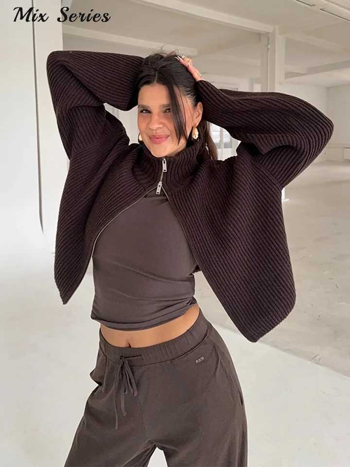 Casual Turtleneck Knitted Ribbed Sweater Womens Loose Full Sleeve Zippers Cardigan 2025 Autumn Winter Lady Minimalist Outerwear M260306