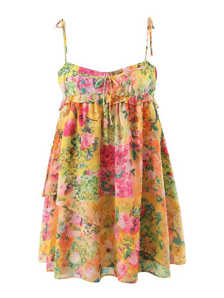 BOHO Bow Ruched Bra Corset Style Flower Print Spaghetti Strap Mini Dress Women Backless Skater Lacing up Sling Robe Holiday X260306